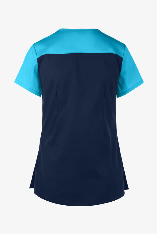 Butter-Soft STRETCH Women's 5-Pocket Asymmetric Scrub Top - Navy/Turquoise - 3