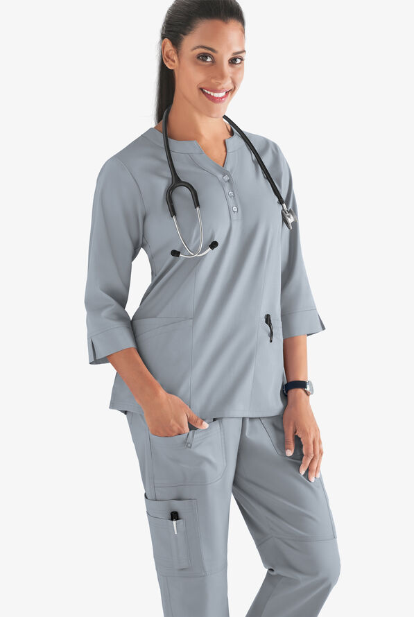 Butter-Soft STRETCH Women's 4-Pocket 3/4" Sleeve Round Neck Scrub Top - Silver - 2