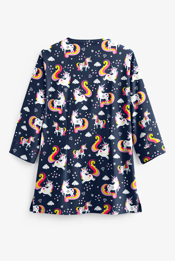 Butter-Soft Unicorn Dance Navy Women's 4-Pocket 3/4 Sleeve Print Scrub Top - null - 2