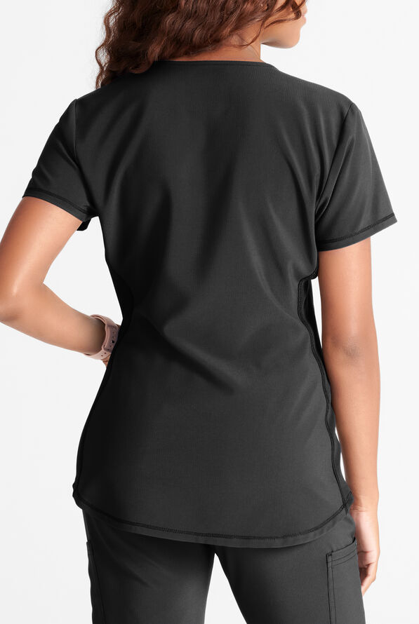 Cherokee Collection Women's 3-Pocket STRETCH Rib-Knit Side Snap Henley Scrub Top - Black - 4