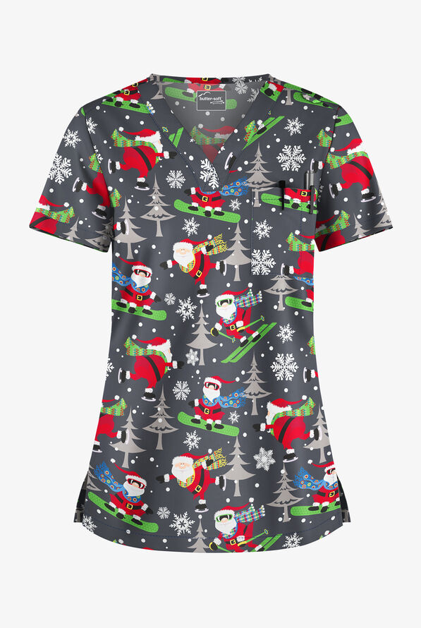 Butter-Soft Santa On Vacation Pewter Women's 1-Pocket V-Neck Tuck-In Print Scrub Top - null - 1