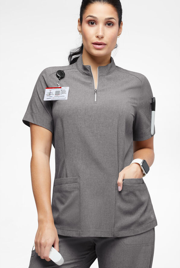 Easy STRETCH Jen Women's 4-Pocket Zip-Neck Short Sleeve Scrub Top - Graphite Heather - 2