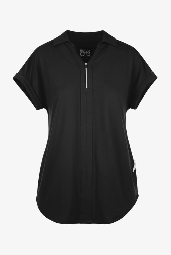 Barco One Performance Knit Engage Women's 2-Pocket STRETCH Dolman Sleeve Zip Neck Scrub Top - Black - 1