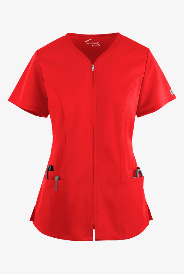Butter-Soft STRETCH Women's 4-Pocket Smooth Face Zipper Scrub Top - Venetian Red - 1