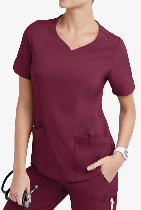 Easy STRETCH Aisha Women's 2-Pocket Sweetheart Neckline Scrub Top - Wine - 3