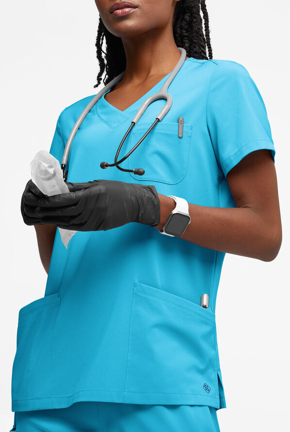 Easy STRETCH Tessa Women's 5-Pocket V-Neck Scrub Top - Turquoise - 2