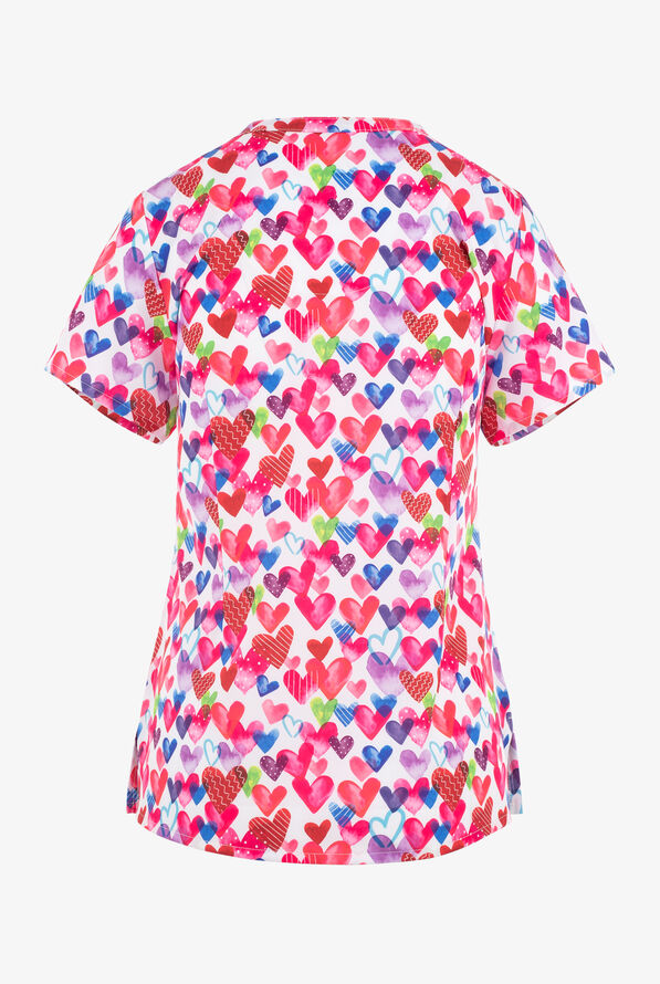 Maevn One Love Hearts Women's 3-Pocket STRETCH V-Neck Print Scrub Top - null - 2