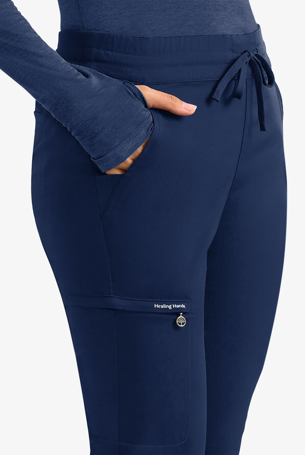 Healing Hands Purple Label Women's 6-Pocket STRETCH Flare Leg Drawstring Scrub Pants - Navy - 2