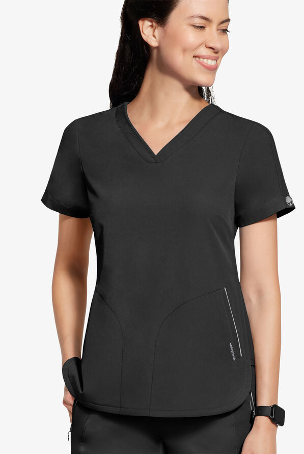 Healing Hands 360 Skyler Women's 2-Pocket STRETCH Race Stripe V-Neck Scrub Top - Black - 2