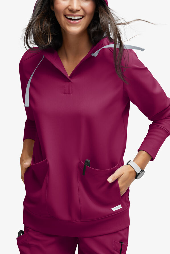 Sudadera médica con capucha ReSurge Jasper con mangas largas y 4 bolsillos para mujer - Wine - 3