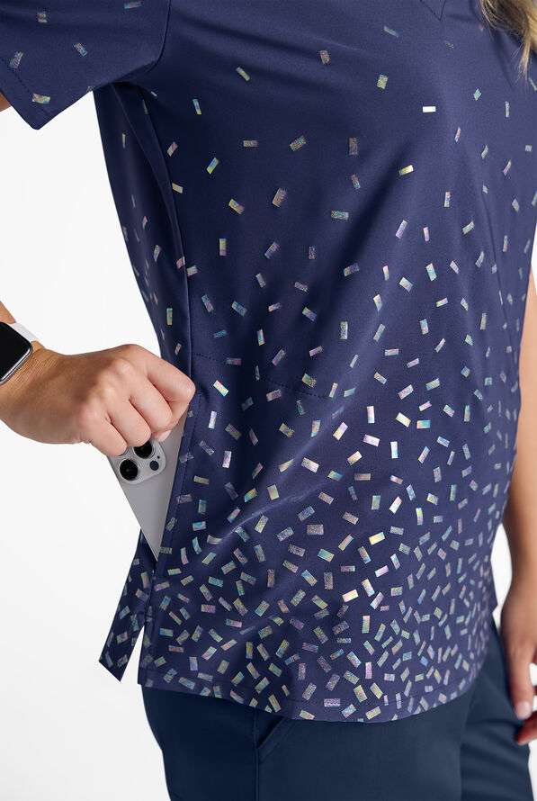 Butter-Soft STRETCH Funfetti Navy Women's V-Neck Print Scrub Top - null - 4