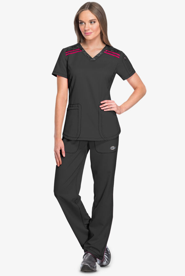 Dickies Dynamix Women's 3-Pocket STRETCH Melange V-Neck Scrub Top - Black/Hot Pink - 2