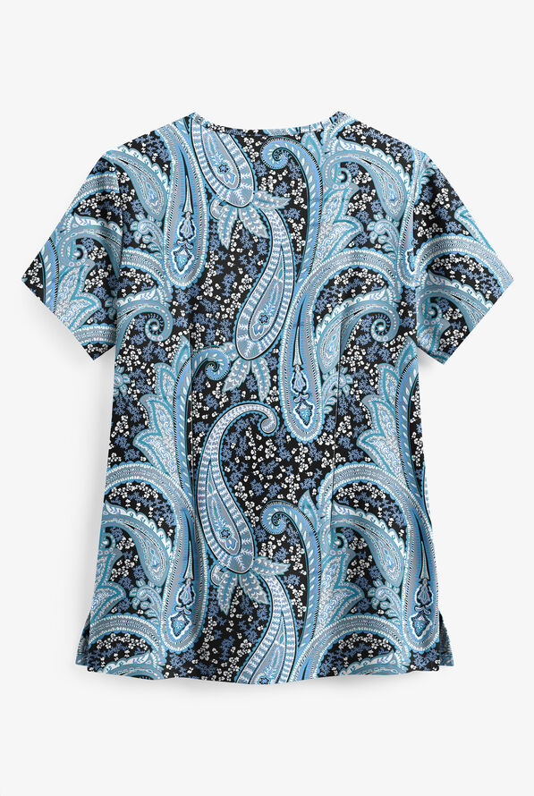 Butter-Soft STRETCH Black Floral Paisley Women's 4-Pocket Criss Cross Print Scrub Top - null - 2