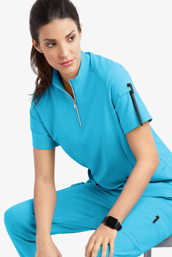 Easy STRETCH Jen Women's 4-Pocket Zip-Neck Short Sleeve Scrub Top - Turquoise - 7