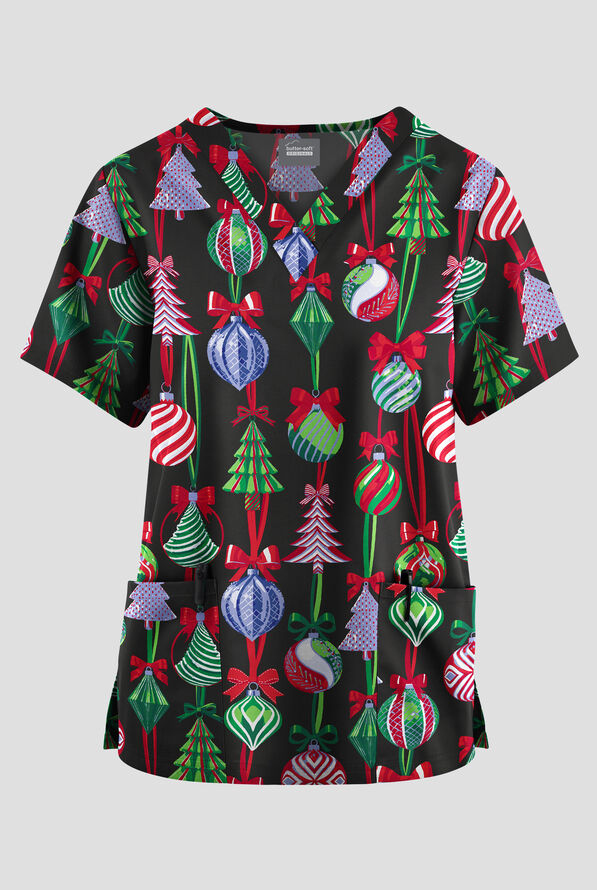 Butter-Soft Originals Ornament Cheer Women's 2-Pocket V-Neck Print Scrub Top - null - 1