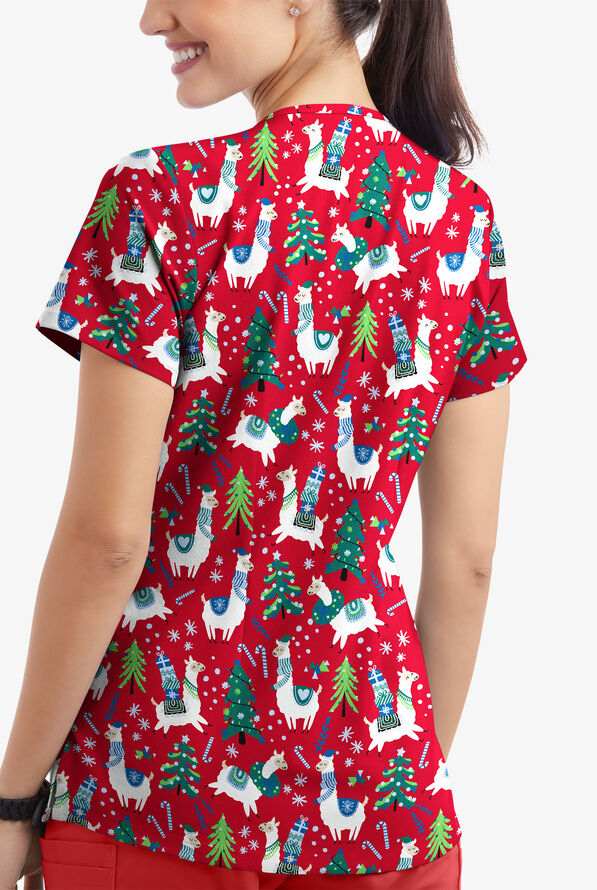 Butter-Soft Holiday Llamas Red Women's 4-Pocket Rounded V-Neck Print Scrub Top - null - 3