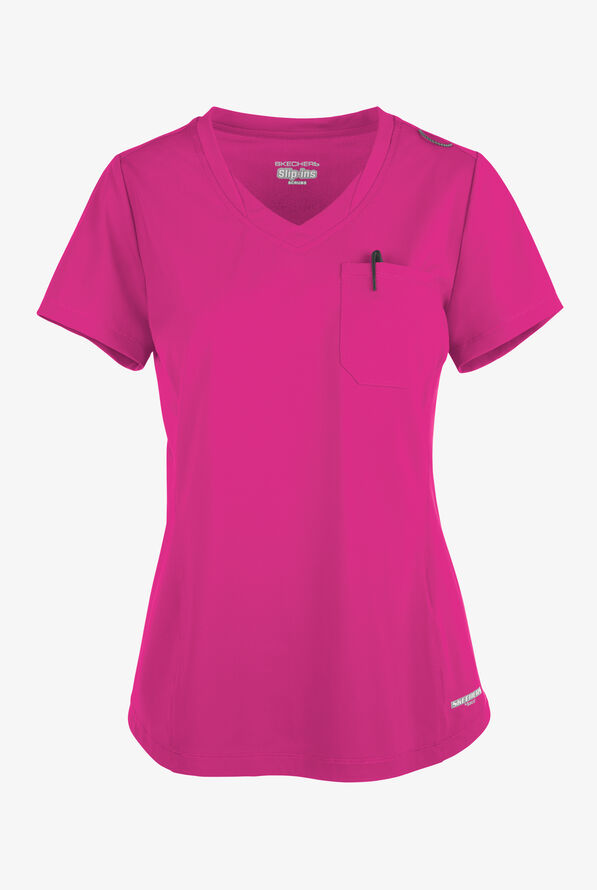 Skechers by Barco Slip-ins Flow Women's 1-Pocket STRETCH Tulip Hem Tuck In V-Neck Scrub Top - Deep Magenta - 1