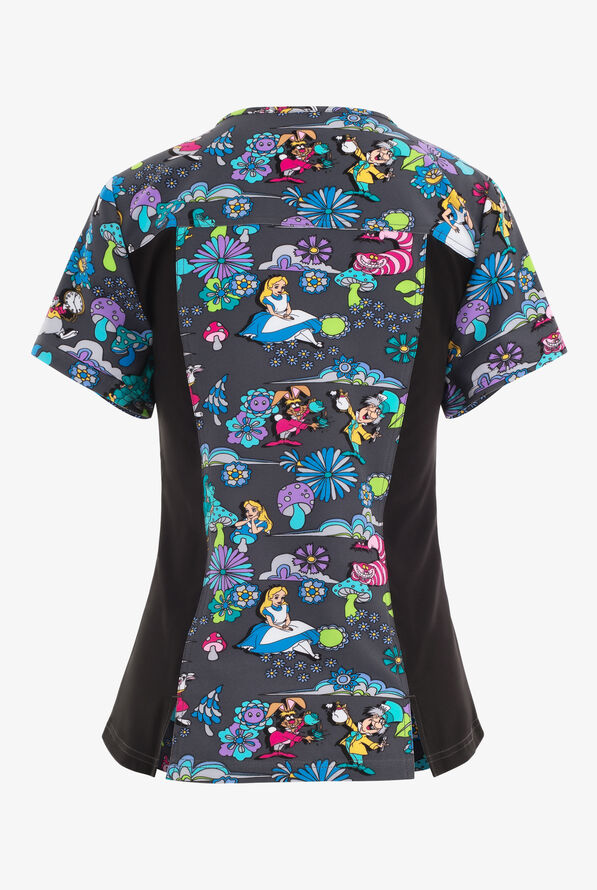 Tooniforms Alice In Wonderland Women's 2-Pocket V-Neck STRETCH Print Scrub Top - null - 2