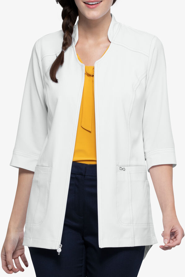Infinity Women's 3-Pocket Double Zip Rib Knit Back Scrub Lab Coat - White - 2