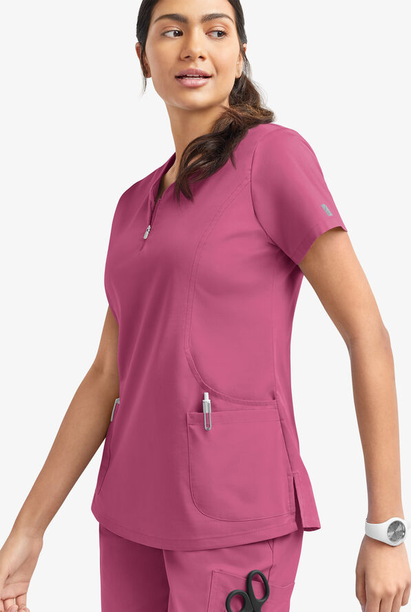 Butter-Soft STRETCH Women's 4-Pocket Curved Neck Zipper Scrub Top - Berry Haze - 3