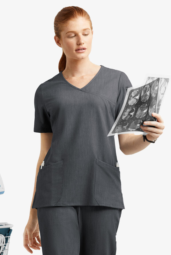 MOVEMENT by Butter-Soft Capella Women's 5-Pocket Faux Wrap STRETCH Scrub Top - Charcoal Heather - 2