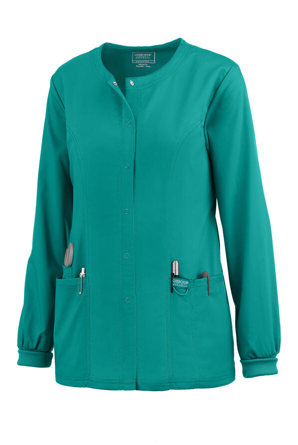 Cherokee Workwear Revolution Women's 3-Pocket STRETCH Snap Front Scrub Jacket - Teal - 1