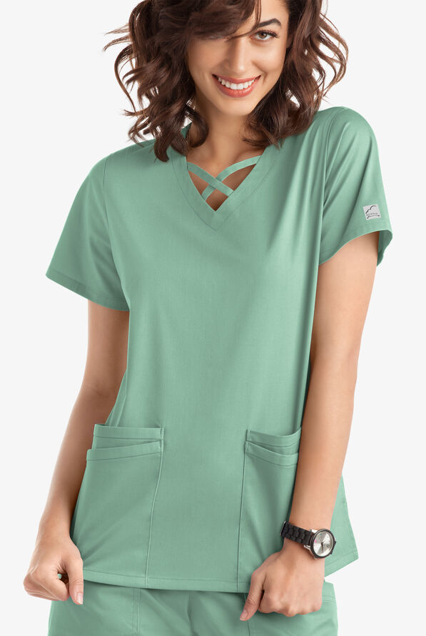 Blusa m&eacute;dica UA Butter-Soft STRETCH con lazos entrecruzados y 4 bolsillos para mujer - Water Mint - 2
