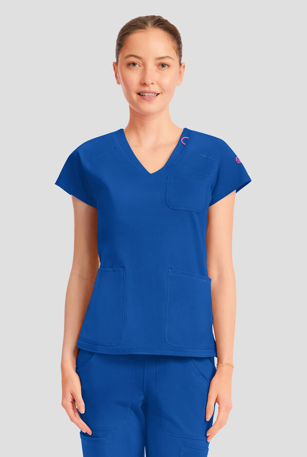 Blusa m&eacute;dica Med Couture Amp Knit STRETCH con cuello en V y 3 bolsillos para mujer - Royal - 2