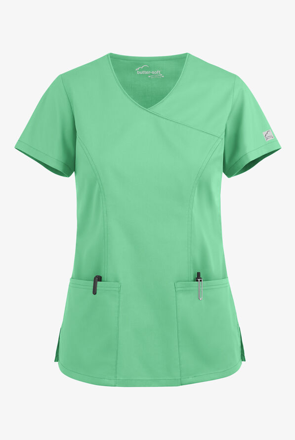 Blusa m&eacute;dica UA Butter-Soft STRETCH estilo cruzado con cuello en V y 3 bolsillos para mujer - Green Jade - 1