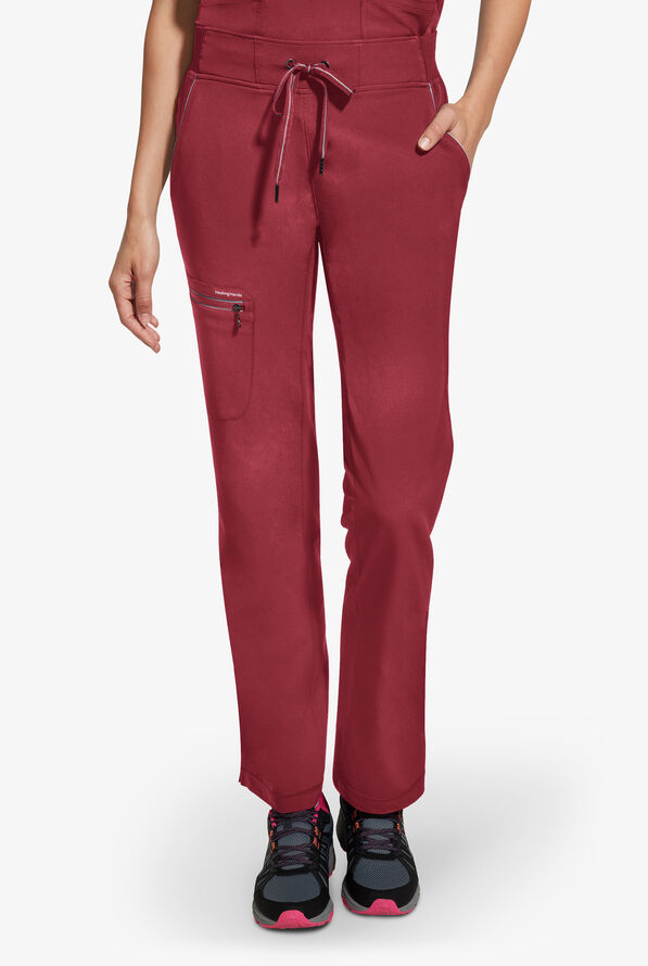 Healing Hands 360 Nisha Women's 6-Pocket STRETCH Rib Knit Waistband Drawstring Scrub Pants - Petite - Garnet Red - 1