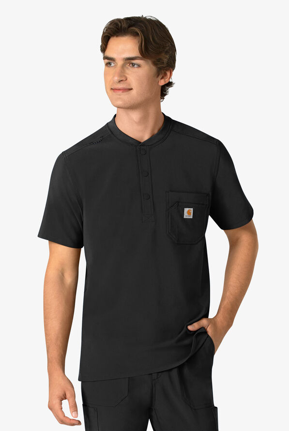 Carhartt Cross-Flex Men's 3-Pocket STRETCH Zip Pocket Henley Banded Collar Scrub Top - Black - 2