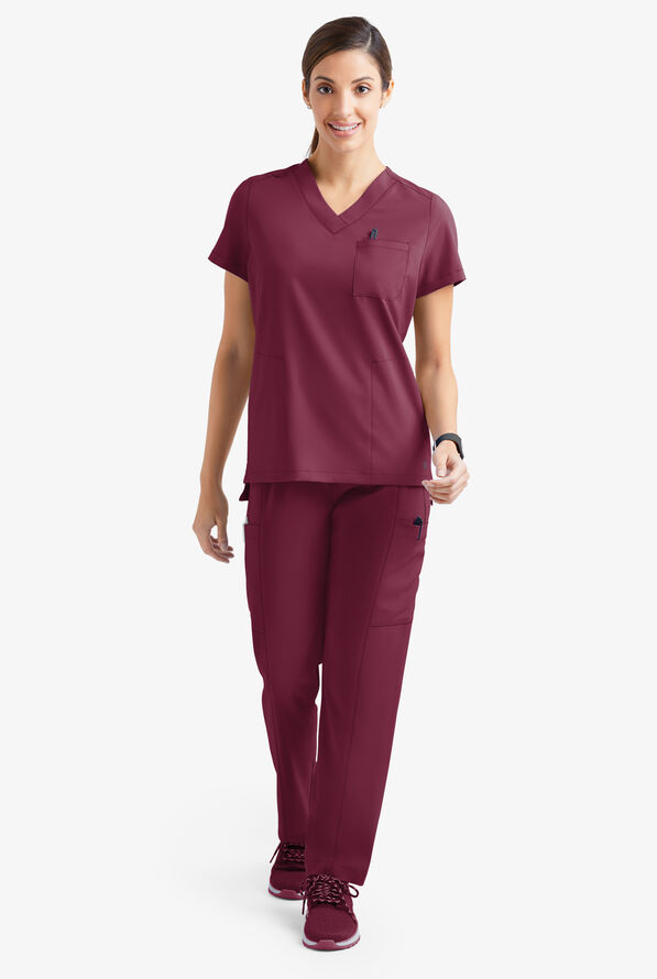 Easy STRETCH Taylor Women's 3-Pocket High Low Hem V-Neck Scrub Top - Wine - 2