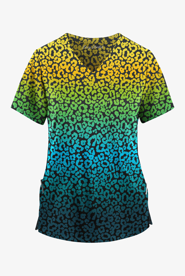 Blusa médica estampada Easy STRETCH Carnival Leopard Caribbean Blue con cuello en V para mujer - null - 1