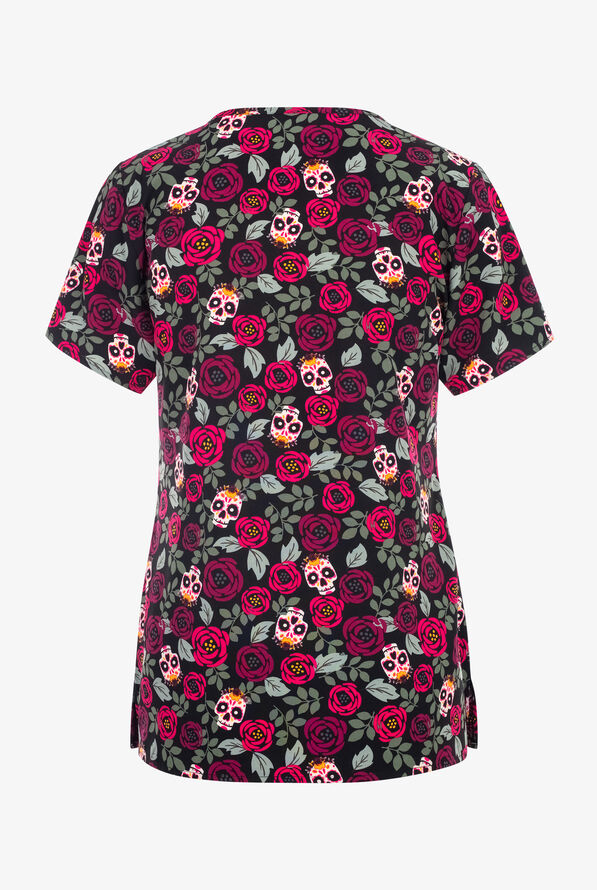 Zoe & Chloe Sugar Skull Roses Women's 2-Pocket STRETCH V-Neck Print ScrubTop - null - 2