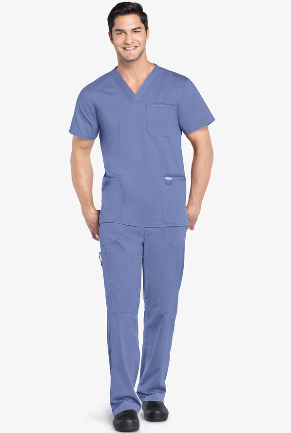Cherokee Workwear Revolution Men's 3-Pocket STRETCH V-Neck Scrub Top - Ceil Blue - 2