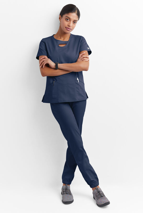 Butter-Soft STRETCH Women's 2-Pocket Asymmetric Keyhole Scrub Top - Navy - 4