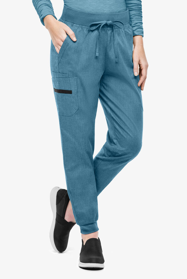 Butter-Soft STRETCH Women's 5-Pocket Cargo Jogger Scrub Pants - Petite - Lagoon Heather - 1
