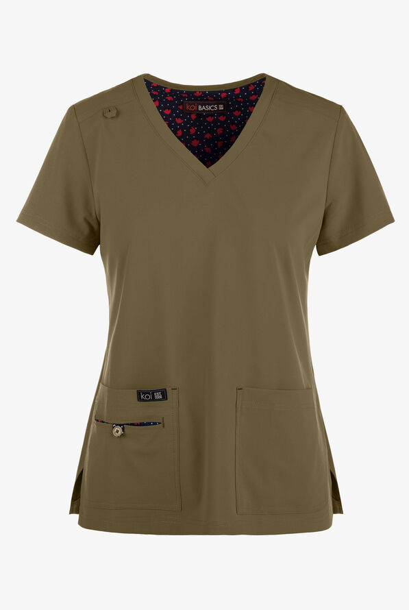Blusa médica koi Basics Becca con cuello en V y 4 bolsillos para mujer - Olive - 1
