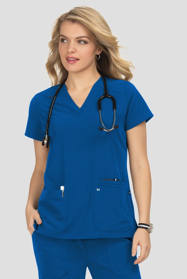 koi Next Gen Hustle and Heart Women's 3-Pocket STRETCH V-Neck Scrub Top - Royal - 2