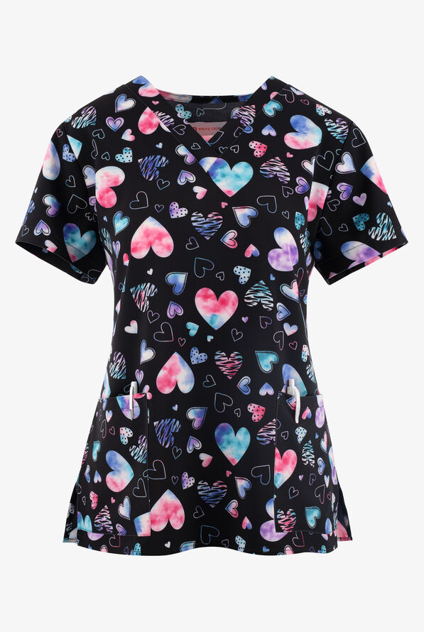White Cross Heart Mix Tie Dye Women's 2-Pocket STRETCH V-Neck Print Scrub Top - null - 1