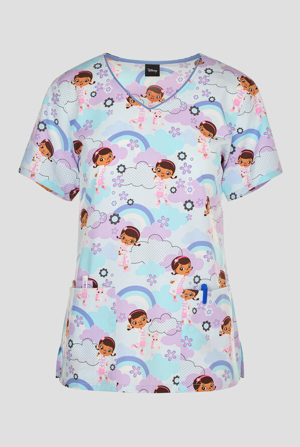 Tooniforms Disney's McStuffins Hugs Are The Best Women's 2-Pocket STRETCH V-Neck Print Scrub Top - null - 1
