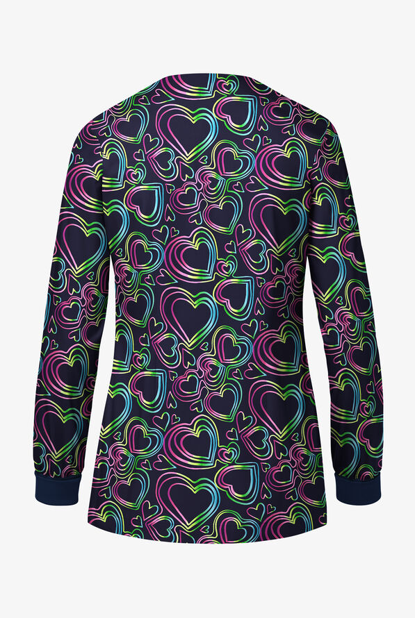 Butter-Soft STRETCH Neon Hearts Women's 3-Pocket Snap Front Print Scrub Jacket - null - 2