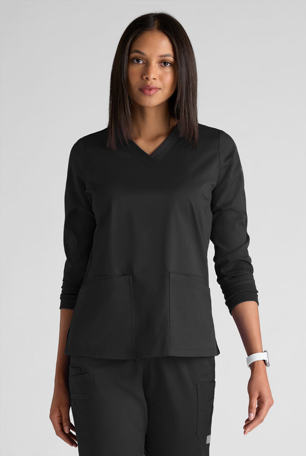 Butter-Soft STRETCH Women's 5-Pocket 3/4" Sleeve V-Neck Scrub Top - Black - 1