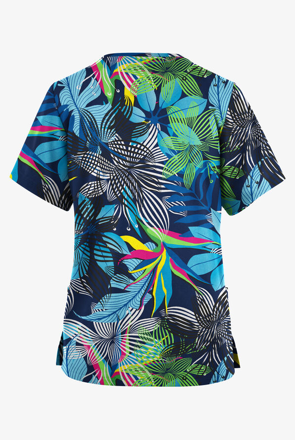 Butter-Soft Originals Kaleidoscope Jungle Navy Women's 2-Pocket Classic Fit V-Neck Print Scrub Top - null - 2