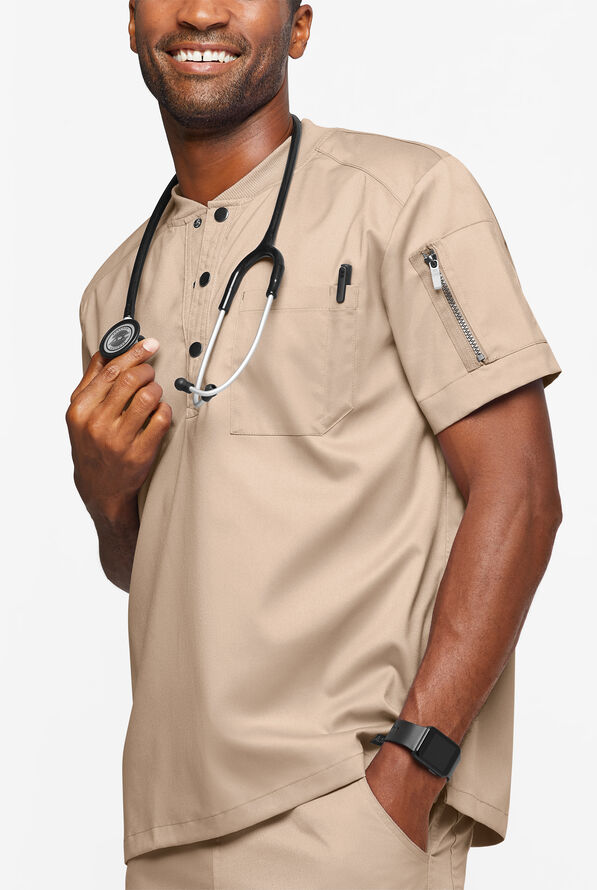 Advantage STRETCH Men's 2-Pocket Short Sleeve Henley Scrub Top - Iced Latte - 2