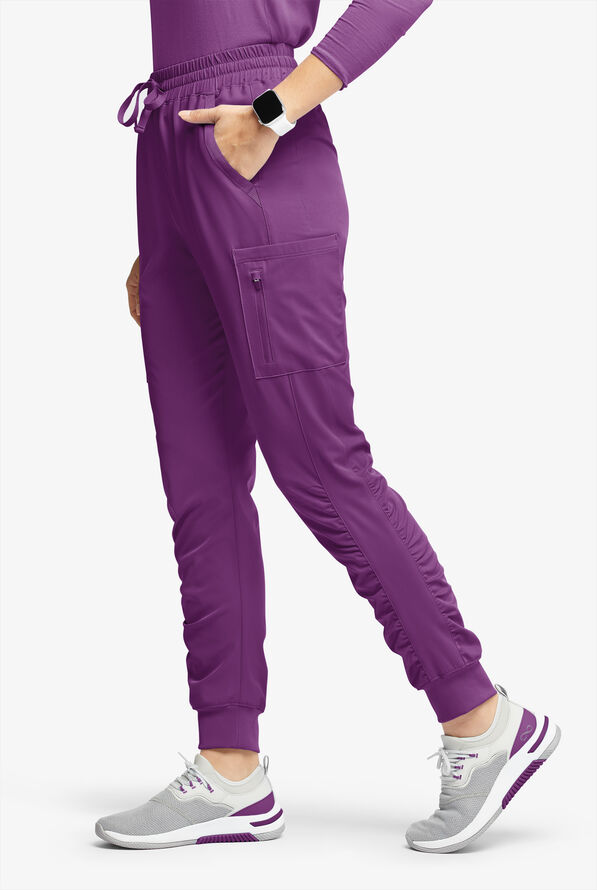 WhisperLite Calla Women's 6-Pocket Ruched Leg Cargo Scrub Pants - Eggplant - 1