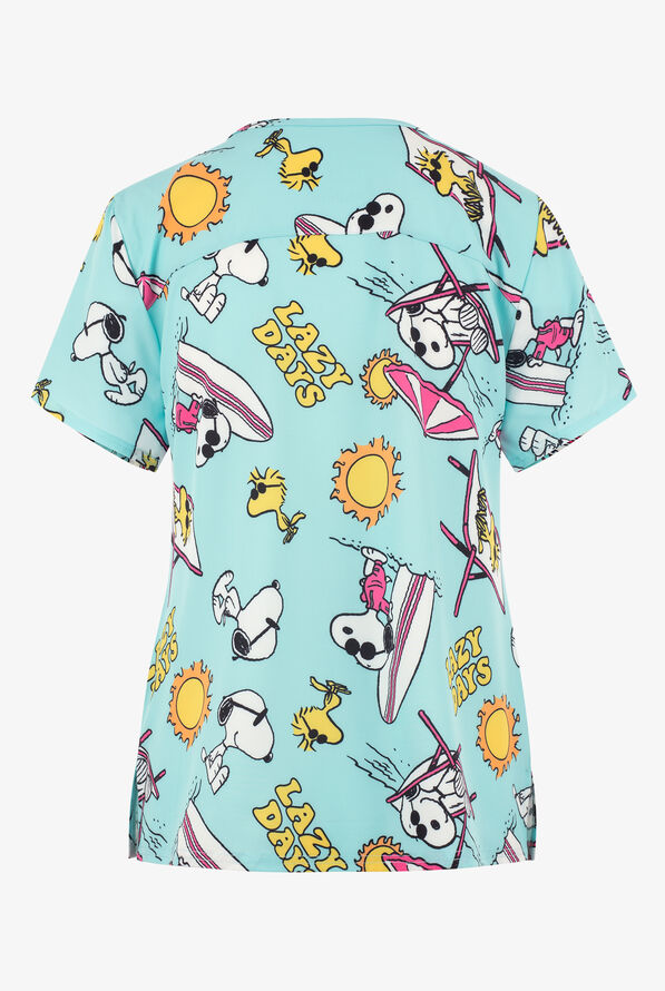 FUNSCRUBS- Peanuts Snoopy & Woodstock Lazy Days Women's 2-Pocket STRETCH V-Neck Print Scrub Top - null - 2
