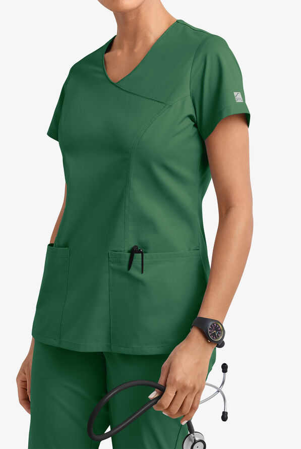 Butter-Soft STRETCH Women's 3-Pocket V-Neck Mock Wrap Scrub Top - Hunter - 2