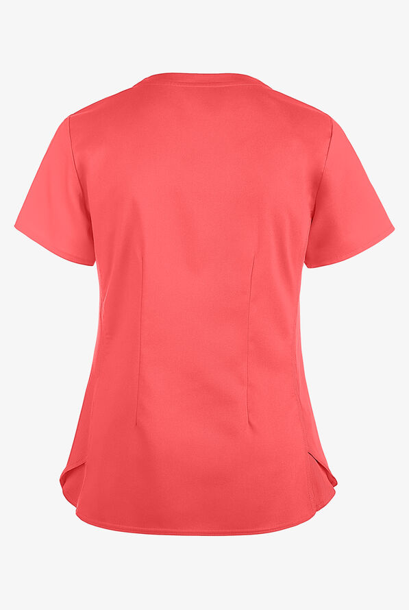 Med Couture Touch Women's 3-Pocket STRETCH Rib-Knit Side Panels Shirttail V- Neck Scrub Top - Coral - 2