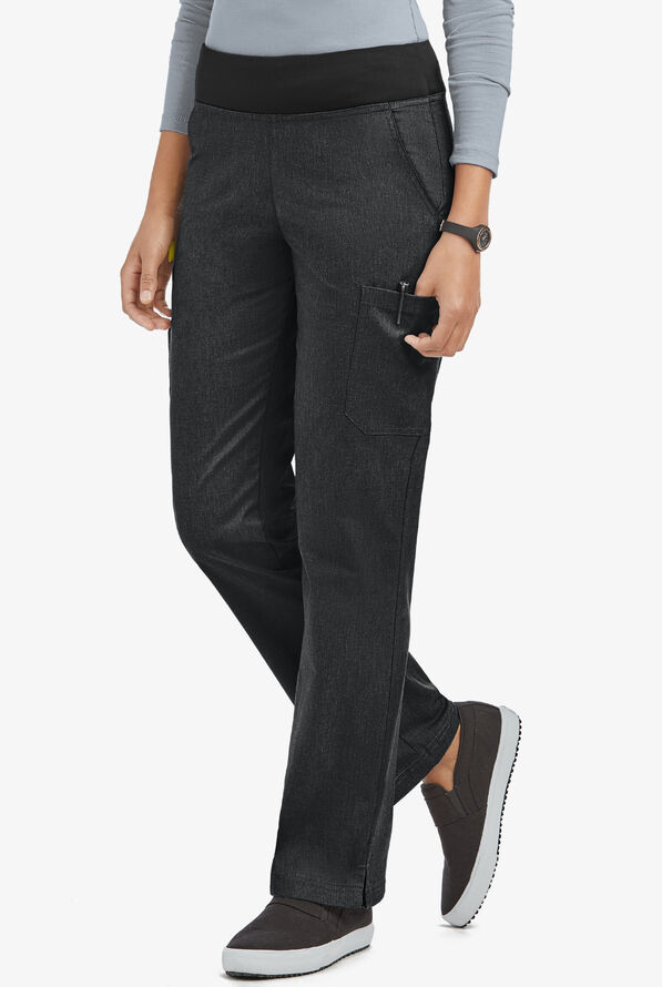 Butter-Soft STRETCH Women's 4-Pocket Knit Waistband Yoga Scrub Pants - Tall - Heather Charcoal/Black - 1
